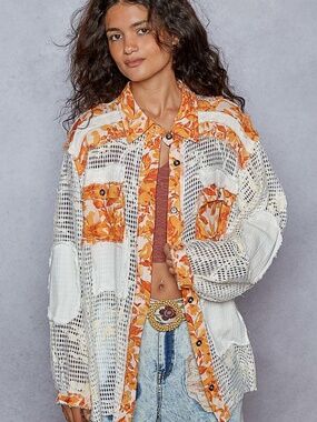 POL Patchwork Crochet Lace Button Down Shirt Jacket Boho Oversized